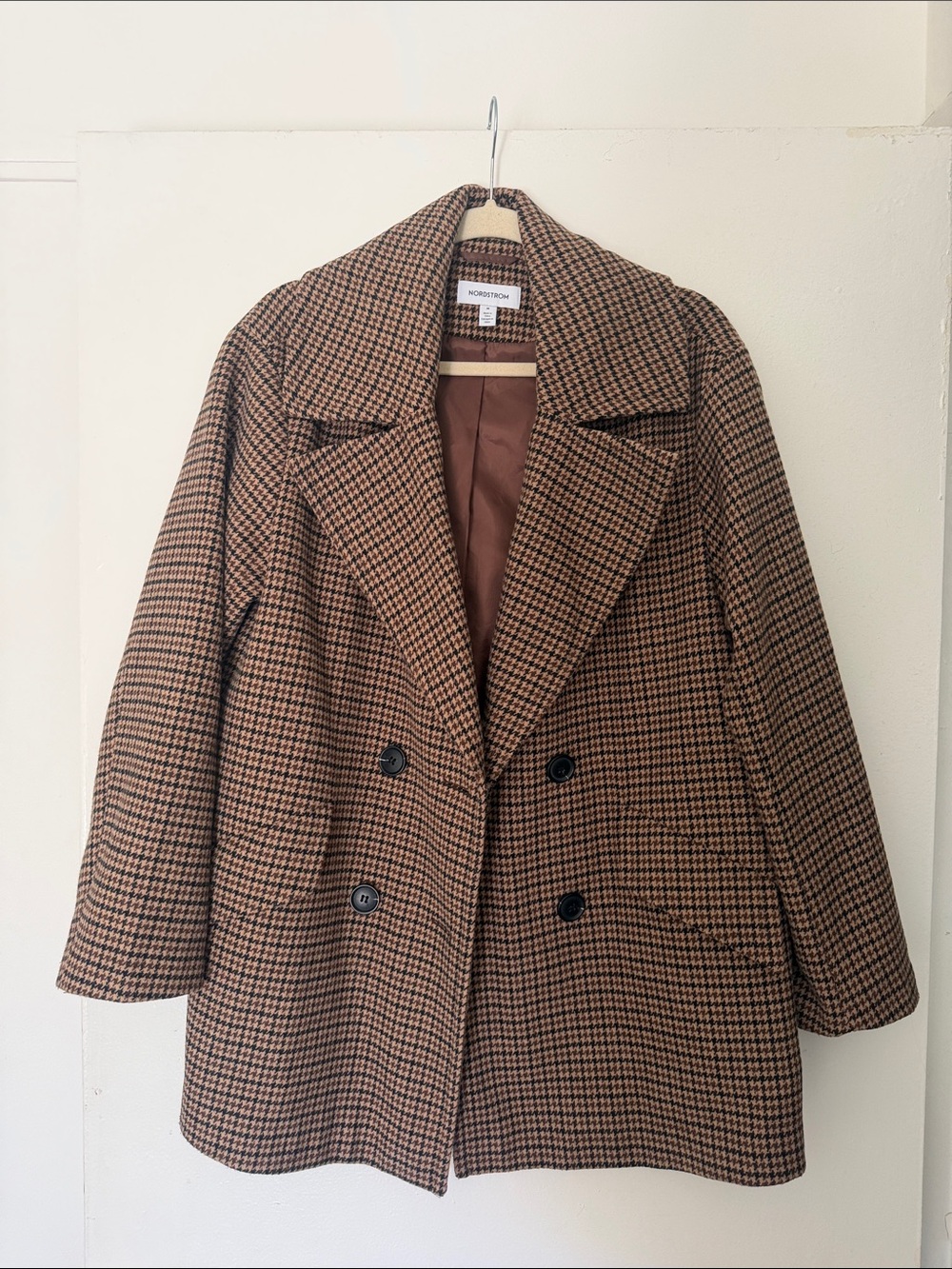 Nordstrom Women's Brown Houndstooth Double-Breasted Pea Coat